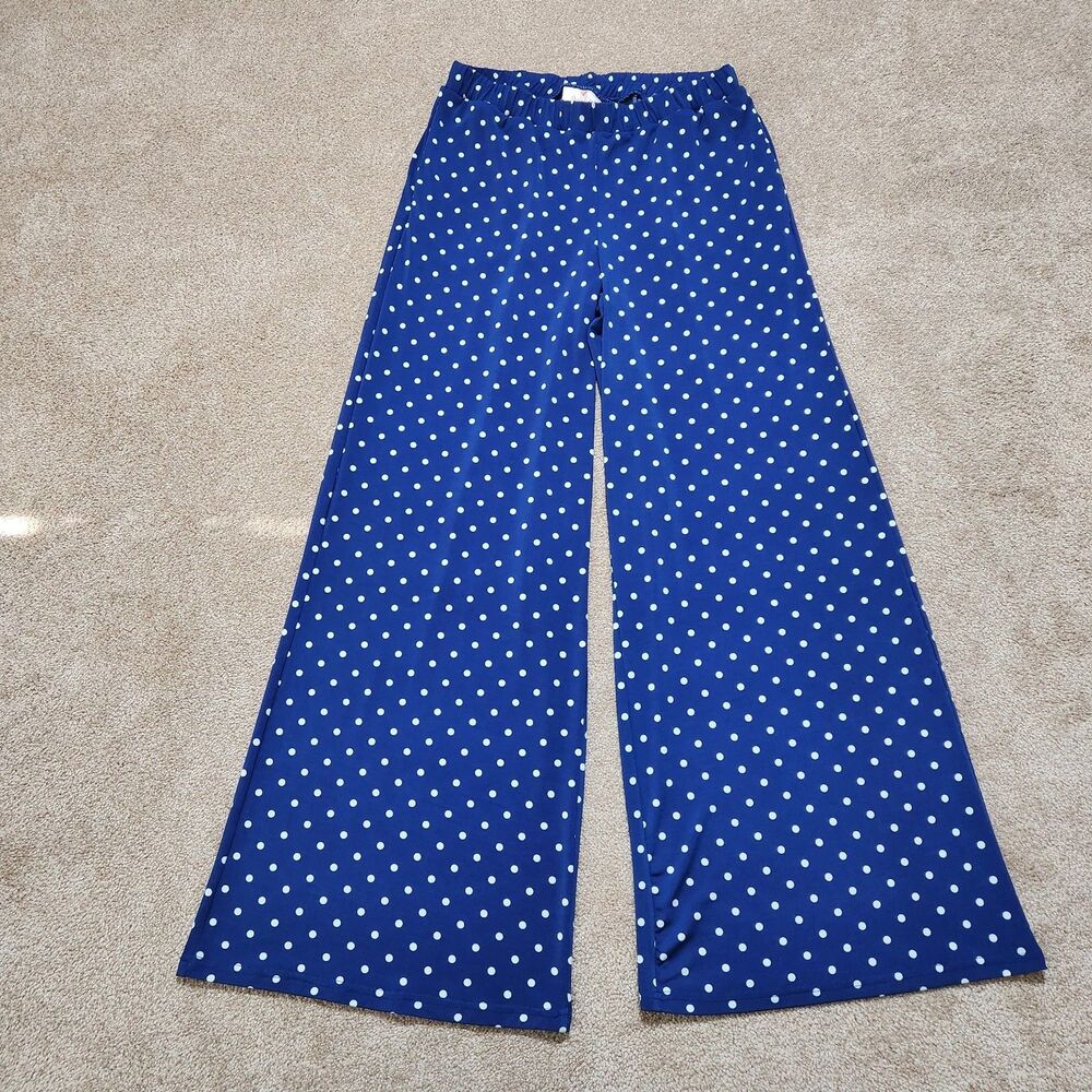 Quaker Factory Pants Women XS Navy Polka Dot Knit High Rise Wide Leg Pull On